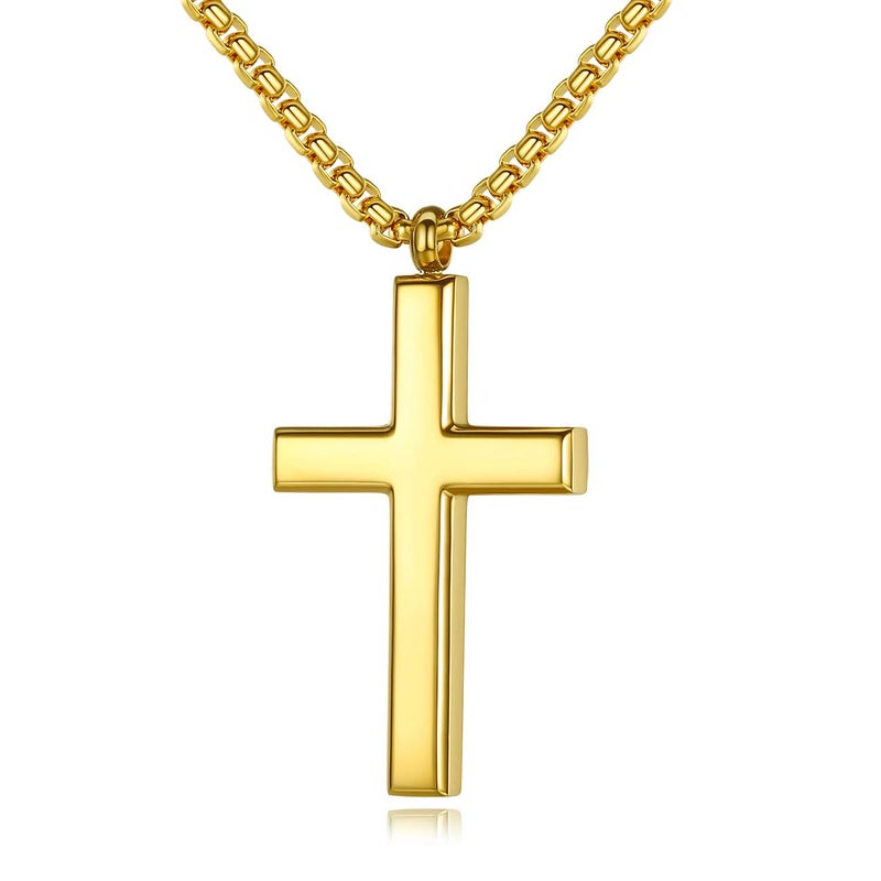 REVEMCN Simple Menâ€™s Stainless Steel Cross Pendant Chain Necklace for Men Women, 20-24 Inches Chain (20, Gold Tone - Rolo Cable Chain) - Image 1